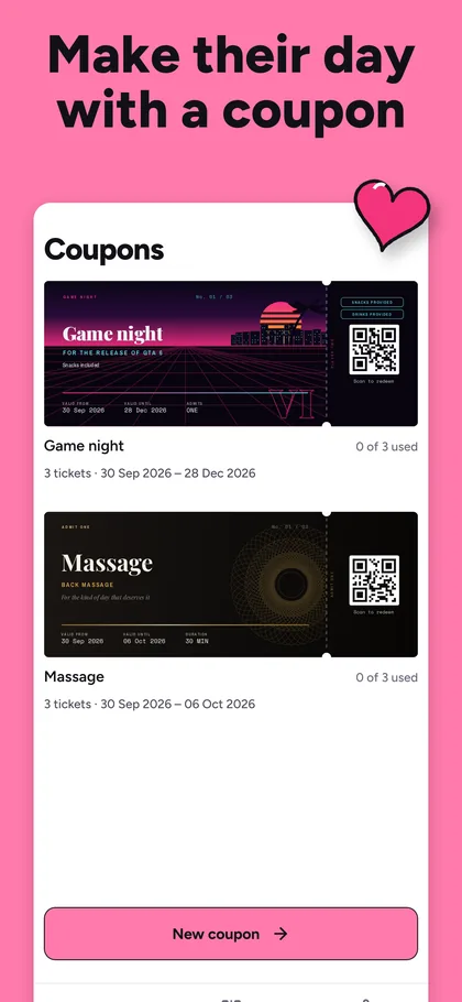 Saved couples coupons in the DearTicket app