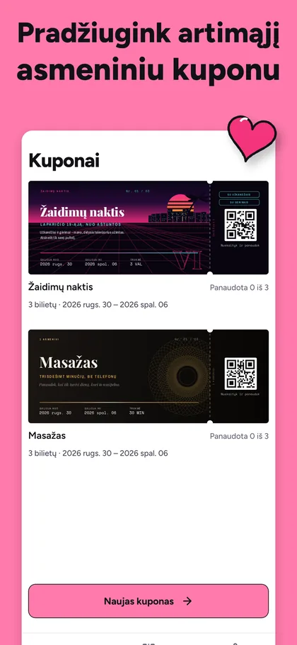 Išsaugoti kuponai programėlėje DearTicket